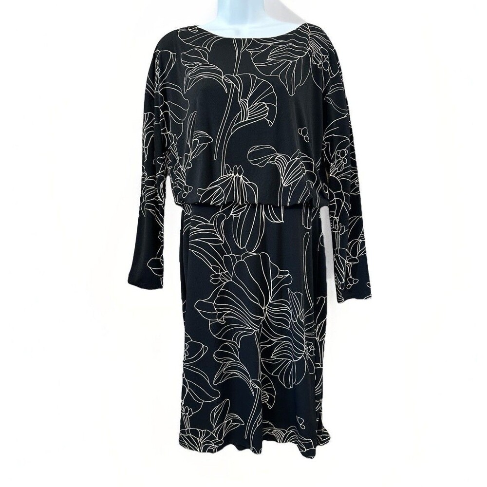 Ann Taylor Factory Knit Dress Medium Black Modern Floral No Wrinkle, Career